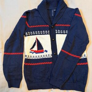 Janie and Jack Navy Cardigan with Red and White Sailboat Design